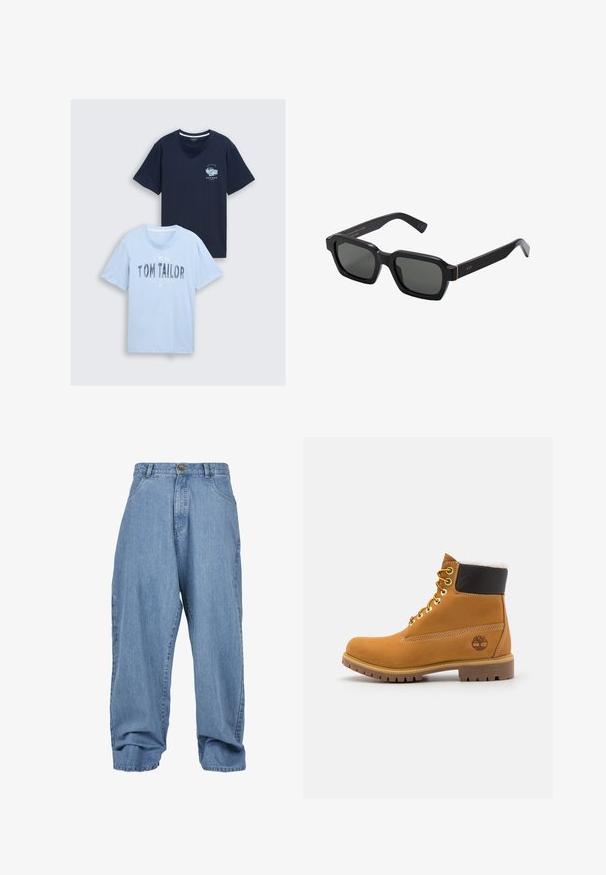 Kaks puuvillast t-särki: üks tumepunane, koos rinna graafikaga, ja üks helesinine, kus on tekst "TOM TAILOR" ja Havanna kujundus. Ümar kaelus, lühikesed varrukad.; Heledad sinine teksapüks, millel on vabalt langev lõige, nupuga sulgemine, esipocketid ja mansett, klassikalise viie taskuga disain.; Pruun nahast pahkluu saabas metallist silmadega, valge karvane vooder, must pehmendatud krae, robustne tallal ja küljes reljeefne logo.; Mustad, nelkjalgsed prillid hallide objektiividega. Pakseplastist raamid on kuldsete aktsentidega ja kaubamärgiga templis. Sile pind.