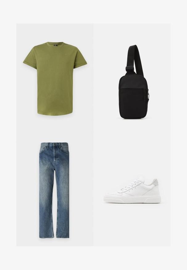 Olivnozeleno majica s kratkimi rokavi iz mehke bombažne tkanine, z okroglo ovratnikom in diskretnim logotipom na prsih. Gladka tekstura po celi majici.; Modri kavbojki s ravnim krojem, ki imajo zbledel videz, zanko za pas, sprednja žepa in eno zadnje žep.; Bele usnjene športne copate z gladkim zaključkom, okroglo konico, ravnimi vezalkami in teksturiranim podplatom. Sivi semiš detajl na peti.; Črna torba za čez ramo, izdelana iz trpežnega materiala, z enim nastavljivim trakom, z glavnim predalom na zadrgo in sprednjim žepom.