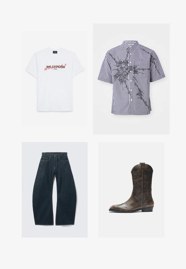 Bela bomba majica iz bombaža s kratkimi rokavi, na kateri je črno in koralno grafično natisnjeno. Besedilo pravi: "THE KOOPLES? KAJ?" in "PARIŽ."; Kratek rokav, button-up srajca z mornarsko modrim in belim šahovskim vzorcem ter nepravilnimi črnimi abstraktnimi grafičnimi črtami po sprednjem delu in rokavih.; Temno modre široke kavbojke iz jeansa, s petimi žepi, vidnim šivom, zapenjanjem na gumbe in čistim zaključkom.; Rjavi usnjeni kavbojški čevlji z visokim ščitnikom, koničastim nosom, zapletenimi šivi in malo peto. Vzorec strukture po celotni površini.