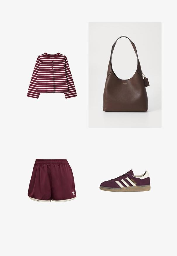 Bordeaux langemouwen shirt met witte horizontale strepen, heeft een ronde halslijn en vijf decoratieve knopen aan de voorkant, cropped ontwerp.; adidas Originals SPRINTER - Shorts - maroon cream white; Bordeauxsuède sneaker met witte drie strepen en beige accenten. Voorzien van een gestructureerde rubberen zool en gouden branding aan de zijkant.; COACH BROOKLYN SHOULDER BAG - Handtas - brown