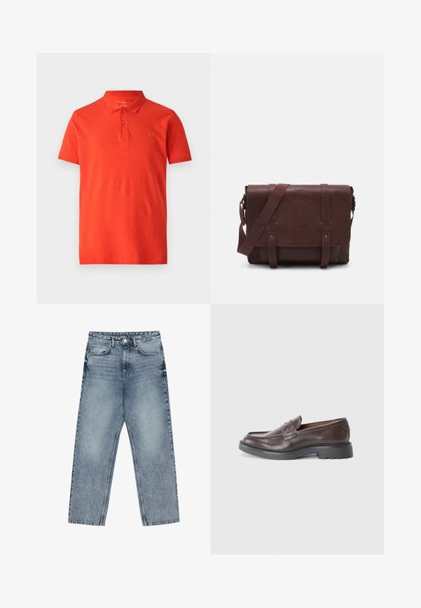 Červené polo tričko vyrobené z hladké bavlny, s klasickým límečkem, krátkými rukávy a třemi knoflíky na krku. Na hrudi jednoduché vyšívané logo.; Světle modré džíny z denimu se střihom rovnými nohavicemi, viditelným šitím, designem s pěti kapsami a knoflíkovým zapínáním v pase.; Hnědé kožené mokasíny s hladkým povrchem, kulatou špičkou, minimálním prošíváním a silnou černou gumovou podrážkou. Žádná viditelná kovová součást nebo akcenty.; Hnědá kožená taška přes rameno s plochým předním klopem, dvěma popruhy, zlatými kovovými detaily a nastavitelným ramenním popruhem.