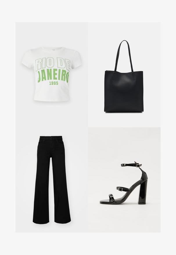 White cotton crop t-shirt featuring green text stating "RIO DE JANEIRO 1995," bold font, short sleeves, and a rounded neckline.; Black wide-leg pants made of denim, featuring a structured waistband, belt loops, and front pockets. Smooth texture with a classic design.; Black patent heeled sandals with a square toe, ankle straps, and silver buckles. Features a chunky block heel for stability.; Black leather tote bag with smooth texture, rectangular shape, and two long handles. No visible hardware or embellishments.