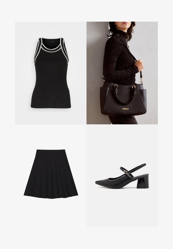 Top a maniche corte nero a coste con rifiniture bianche. Presenta un collo rotondo e un design a racerback. Realizzato in un tessuto elasticizzato per il massimo comfort.; Gonna nera plissettata realizzata in tessuto strutturato con una vita aderente. Cade all'altezza del ginocchio, presentando una silhouette liscia e pulita.; Décolleté in vernice nera con cinturino dietro, punta affusolata, design con ritagli arrotondati e tacco a blocco. Presenta un accento di fibbia tono oro.; Borsa nera con superficie texturizzata, manici superiori doppi e tracolla regolabile. Dotata di hardware color oro e tasche laterali.