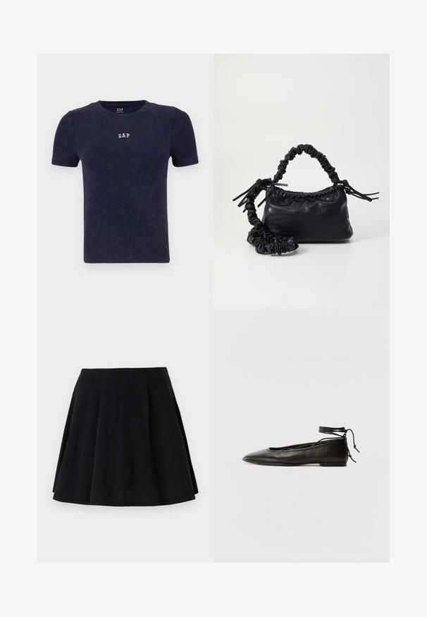 Tamsiai mėlyna dryžuota marškinėliai su trumpomis rankovėmis ir apvalia iškirpte. Puikuojasi mažuoju baltu "GAP" logotipu ant krūtinės. Minkšta tekstūra, laisvalaikio dizainas.; Juodas medvilnės sijonas su plačiu siluetu, turintis klostes talijos srityje ir lygų paviršių. Tinka kasdieniam dėvėjimui.; Juodi odiniai balerinų bateliai su smailiu pirštu, kulkšnies raiščiu ir plokščiu padu, pasižymintys lygiu paviršiumi ir minimalizmo dizainu.; Juodas dirbtinės odos rankinė su krokodilo tekstūra, sušnibždinta viršuje ir susikraipytu dirželiu. Atrodo minkšta ir kompaktiška.