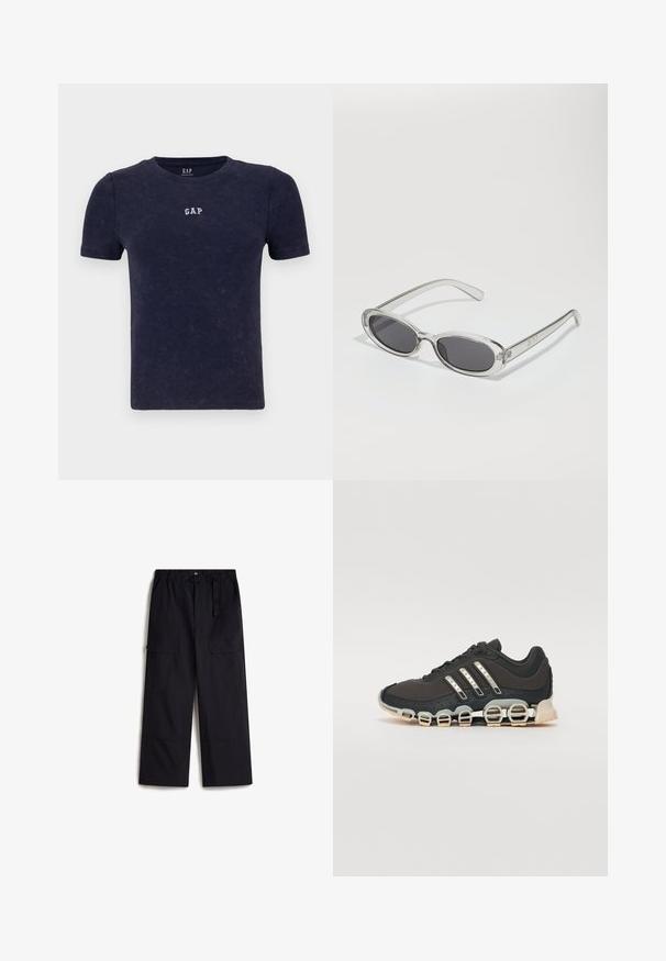 Navyblaues, geripptes T-Shirt mit kurzen Ärmeln und Rundhalsausschnitt. Mit kleinem weißen "GAP"-Logo auf der Brust. Weicher Stoff, lässiges Design.; Schwarze Cargo-Hosen mit einem elastischen Bund, verstellbarem Gürtel und zwei Seitentaschen. Hergestellt aus einem leichten, strukturierten Stoff.; Schwarzer Sportschuh mit einer strukturierten Oberseite, drei silbernen Streifen und einer markanten Dämpfungssohle mit mehreren integrierten Sektionen.; Sonnenbrille mit ovaler Form, klarem Kunststoffrahmen, dunkelgrauen Gläsern und dünnen transparenten Bügeln mit Logo-Akzenten und minimalen Details.