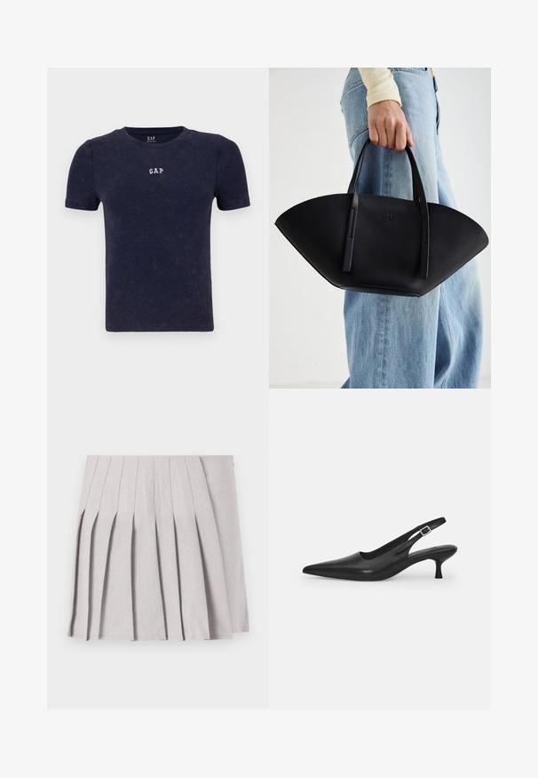 Navy blue ribbed t-shirt with short sleeves and round neckline. Features small white "GAP" logo on the chest. Soft texture, casual design.; Gray pleated skirt with a smooth texture, featuring multiple vertical folds and a fitted waistline. Made from lightweight fabric.; Black leather slingback shoe with a pointed toe and a slim, curved heel. Features a discrete adjustable strap with a metal buckle.; Black leather handbag with a unique fan shape, featuring flat handles. The surface has a pebbled texture and a minimalistic design.
