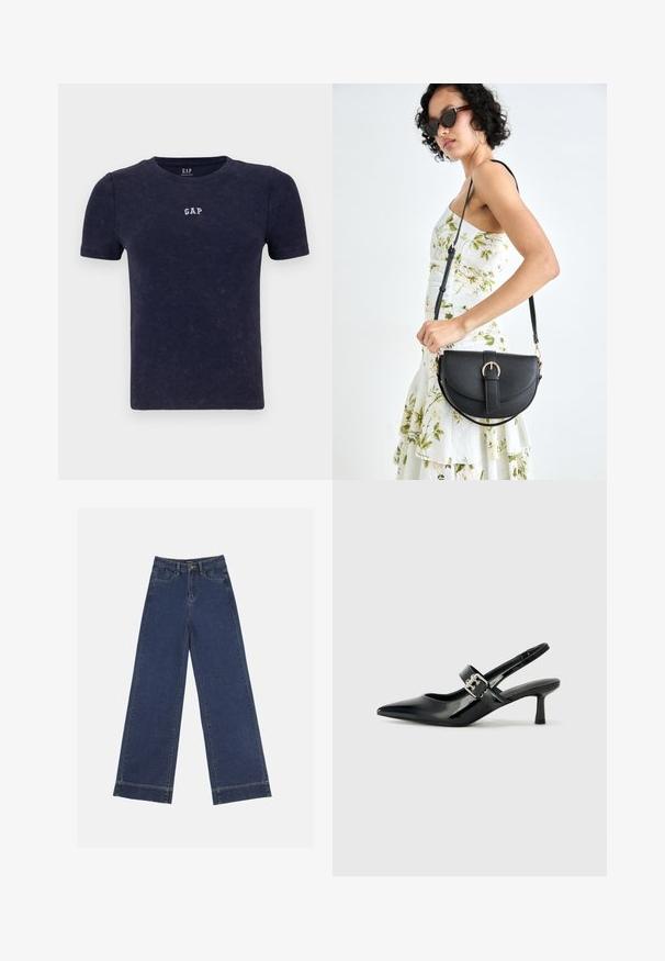 Navy blue ribbed t-shirt with short sleeves and round neckline. Features small white "GAP" logo on the chest. Soft texture, casual design.; Wide-leg jeans in dark blue denim. Features five pockets, belt loops, and a raw hem at the bottom with visible stitching details.; Black patent leather slingback heels with a pointed toe and a small block heel, featuring a silver buckle accent on the strap.; Black leather handbag with a curved shape, detachable strap, and gold hardware. The bag features a flap with a buckle detail.