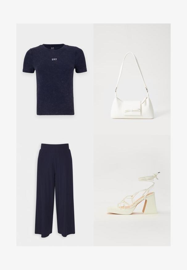T-paita tummansinisenä, ribatulla pinnalla, lyhyt hihaisena ja pyöreällä kaula-aukolla. Rinnassa pieni valkoinen "GAP"-logo. Pehmeä pinta, rento muotoilu.; Leve-leggings leve em tecido azul marinho escuro com textura ribbed. Apresenta uma cintura suave e uma silhueta fluida, alcançando o comprimento até a metade da panturrilha.; Valkoinen korkokenkä, jossa on paksu korko, ja joka sisältää nauhakiinnityksen ja nilkkaketjun. Sujuva pinta, jossa on platform-etupohja lisäkorkeutta varten.; Valkoinen synteettinen käsilaukku, jossa on kolmikulmainen muoto, tasainen etu läppä ja nauhadetail, säädettävä olkahihna, sileä rakenne ja minimalinen muotoilu.
