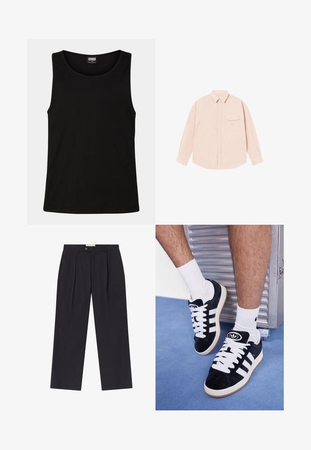 Czarny top na ramiączkach wykonany z miękkiej bawełny. Ma okrągły dekolt i szerokie otwory na ramiona, bez widocznych wzorów ani akcentów.; Jasnoróżowa koszula z długim rękawem, wykonana z miękkiego materiału, z kołnierzykiem zapinanym na guziki, przednią kieszenią i subtelnym haftowanym logo na klatce piersiowej.; Dopasowane ciemnonavowe spodnie z wysokim stanem, dwoma fałdami z przodu, zapięciem na guzik oraz prostymi nogawkami w gładkim materiale.; Czarne zamszowe sneakersy z białymi sznurówkami i trzema białymi paskami. Posiadają okrągłe czarne logo na języku i gumową podeszwę.