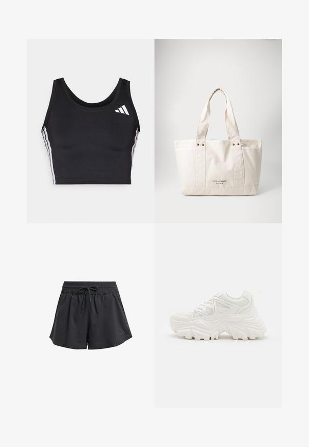 Musta urheilullinen toppi venyvää kangasta. Ominaisuuksina pyöreä kaula-aukko, valkoiset sivuraidat ja pieni valkoinen logo vasemmassa yläkulmassa.; Mustat urheilushortsit, joissa on joustava vyötärö, sisäinen naru ja sivuhalkiot. Valmistettu sileästä, kevyestä kankaasta.; Valkoiset paksut lenkkarit, joissa on teksturoitu päällinen, verkkomaiset paneelit ja paksut kumipohjat, joissa on merkittävä kuviointi. Nauhat ja vetotappi mukana.; Kankaan kantokassi vaaleassa beigevärissä, jossa on kaksi tukevata kahvaa, kontrastivalkoinen reunus ja logo "THE NORTH FACE" mustalla etupuolella.