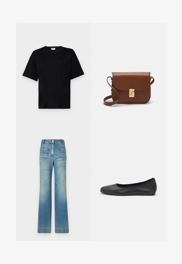 Sort kortærmet t-shirt i en afslappet pasform, lavet af blødt stof, med rund halsudskæring og uden fremtrædende mønstre eller accenter.; Lyseblå denim flare jeans med fem lommer, bæltestropper, knaplukning og en let falmet overflade, med en rød logo-detalje på bagsiden.; Sort læderballetsko med rund tå, glat tekstur, minimal syning og et fleksibelt såldesign.; Brun læder håndtaske med flaplukning, hardware i gyldent tone, en skulderrem og en glat overflade. Kompakt rektangulær form.