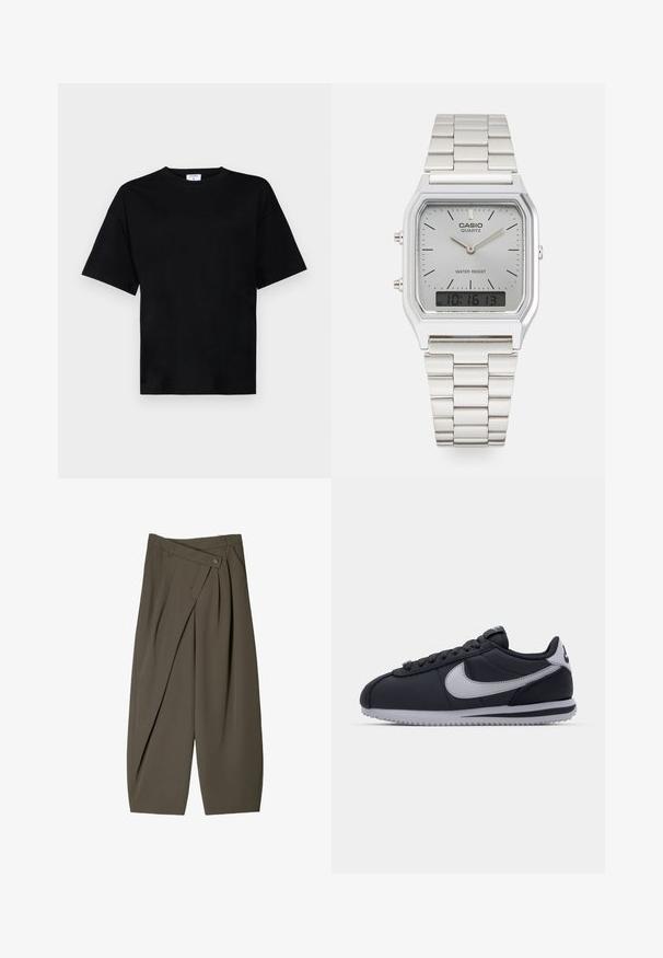 Sort kortærmet t-shirt i en afslappet pasform, lavet af blødt stof, med rund halsudskæring og uden fremtrædende mønstre eller accenter.; Bredde-bukser i mørke olivengrønne stoffer, med en plisseret frontdesign, en knaplukning og en poleret, struktureret overflade.; Sort atletisk sko med grå accenter, glat syntetisk overdel, tekstureret sål, afrundet tå og flade snørebånd. Klassisk design med logodetalje.; Sølv Casio quartz ur med rektangulært ur, analog og digital visning, rustfrit stålarmbånd og vandafvisende egenskaber.