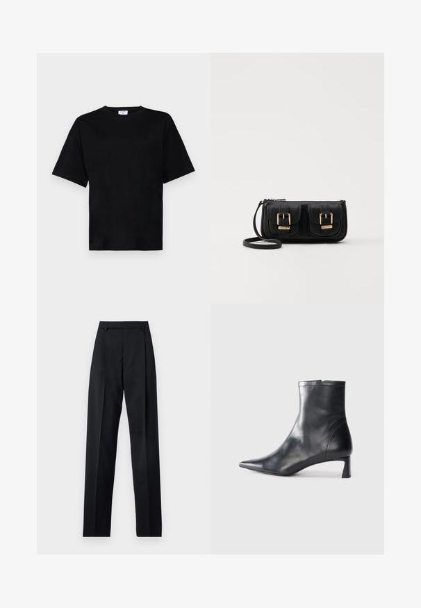 Must t-särk lühikeste varrukatega, mugavas lõikes, pehmest kangast, ümmarguse kaelusega ja ilma silmapaistvate mustrite või aktsentideta.; Mustad püksid siledast kangast, millel on kõrge vöökoht, laiad jalad, esimesed kortsud ja klassikalised vööloopid. Küljepockets pole nähtavad.; Mustad mustall nahkasaabas terava nina ja stiilse disainiga. Omab madalat konts ja luku sulgemist taga. Sile tekstuur.; Must küllastamata nahast õlakott, millel on kaks esist nähtavat taskut, kuldsed pandlad, tõmblukuga sulgemine ja peen rihm. Tekstuuriga pind ja kompaktne ristkülikukujuline kuju.