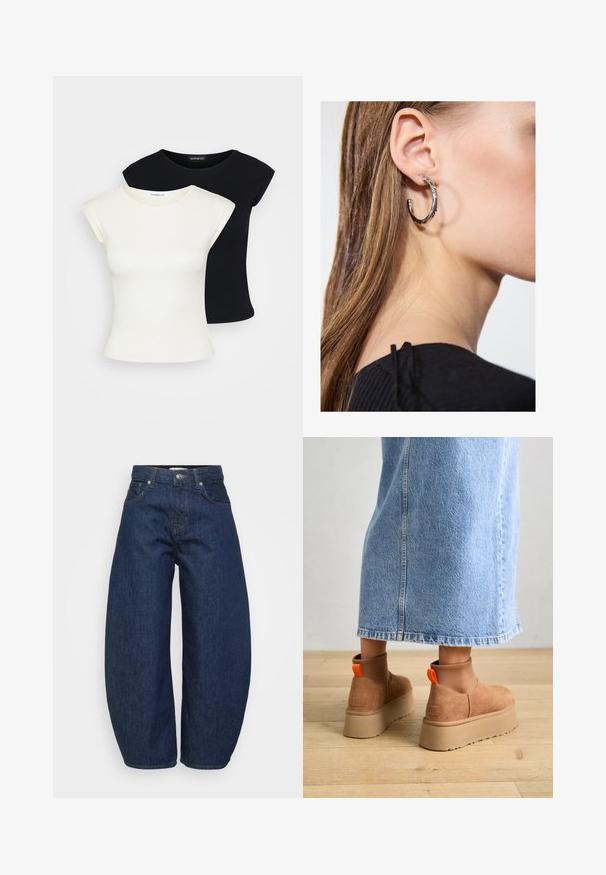 Two fitted T-shirts: one cream and one black. Made from soft, textured cotton, featuring short sleeves and a round neckline.; Dark blue denim jeans with a wide, relaxed fit. Features a zip fly, four pockets, and contrasting stitching along seams.; Brown suede platform boots with elastic side panels and orange pull tabs, paired with a knee-length light denim skirt on a wooden floor.; Silver hoop earring with a polished finish, featuring small gold accent details and a round shape, worn on the lobe.