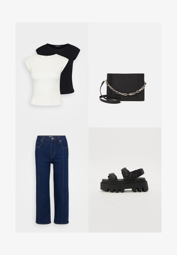 Two fitted T-shirts: one cream and one black. Made from soft, textured cotton, featuring short sleeves and a round neckline.; Dark blue straight-leg jeans with button closure, front and back pockets, and visible orange stitching along seams.; Black platform sandals with a textured upper featuring a hexagonal pattern, and a thick, ridged sole for traction.; Black leather crossbody bag featuring a smooth texture, rectangular shape, and a metallic chain detail on the front. Adjustable strap included.