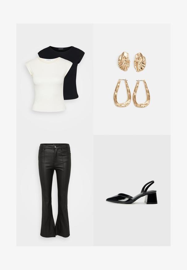 Kaksi hyvin istuvaa T-paitaa: yksi kreeminvärinen ja yksi musta. Valmistettu pehmeästä, teksturoidusta puuvillasta, jossa on lyhyet hihat ja pyöreä pääntie.; Mustat leveälahkeiset housut, joissa on kiiltävän kumimainen pinta, etutaskut, nappisuljenta ja sivuaukot helmassa.; Mustat patentoitu nahkakengät, joissa on säären takaosa ja terävä kärki, sekä geometrinen palikkakorko. Sisältää tyylikkään, minimalistisen muotoilun ja sileän pinnan.; Korukultainen korvakorut, joissa on teksturoituja, aaltoilevia muotoja. Mukana on veistokselliset klipsikorvakorut ja avoin rengasmalli, jossa on vasaroitu pinta.