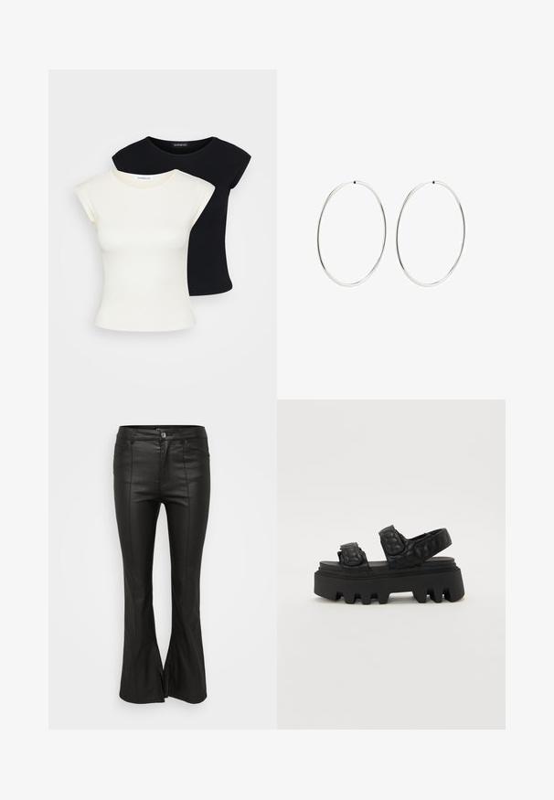 Dwa dopasowane T-shirty: jeden w kolorze kremowym, a drugi czarnym. Wykonane z miękkiej, fakturowanej bawełny, z krótkimi rękawami i okrągłym dekoltem.; Czarne spódnie o szerokim kroju, z błyszczącą, skórzopodobną teksturą, z przednimi kieszeniami, zapięciem na guzik oraz bocznymi rozcięciami u dołu.; Czarne sandały na platformie z teksturowanym wierzchem, wyróżniającym się heksagonalnym wzorem oraz grubą, żłobioną podeszwą zapewniającą przyczepność.; Srebrne kolczyki na kółku o gładkim, okrągłym kształcie i wypolerowanym wykończeniu. Są cienkie i lekkie, z prostym zapięciem.