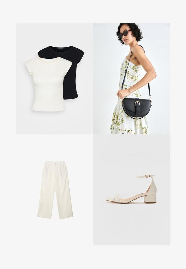 Dve prilegajoče majice: ena smetana in ena črna. Narejene iz mehkega, teksturiranega bombaža, z kratkimi rokavi in okroglim izrezom.; Hlače širokih nogavic iz kremaste tkanine z gladko teksturo, z enim sprednjim gumbom, diskretnimi plisami in visokim pasom.; Bež sandala na blok-petah s kvadratnim prstom. Ima ozko zaponko za gleženj, gladko teksturo, podobno usnju, in zmerno višino pet. ; Črna usnjena torbica s ukrivljeno obliko, z odstranljivo naramnico in zlatimi dodatki. Torbica ima pokrov s podrobnostmi v obliki zaponke.
