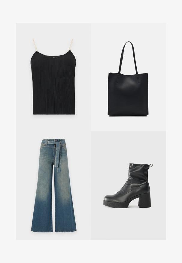 Čierna rebrovaná tielko s tenkými, reťazovými ramienkami. Materiál má jemne štruktúrovaný povrch, ponúkajúci priliehavý strih.; Džínsy s širokými nohavicami, ktoré majú prechod od svetlomodrej po tmavomodrú, vysoký pás, pútka na opasok a opasok z rovnakého materiálu. Textúrovaný denimový povrch.; Čierne členkové topánky z hladkej kože, so bočným zipsom, robustnou textúrovanou pätnou časťou a zaobleným dizajnom špičky.; Čierna kožená taška na rameno s hladkým povrchom, obdĺžnikovým tvarom a dvoma dlhými uchami. Bez viditeľného kovania alebo ozdôb.