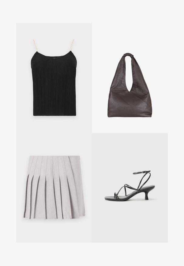 Black ribbed camisole top with thin, chain-like straps. The fabric has a slightly textured finish, offering a fitted silhouette.; Gray pleated skirt with a smooth texture, featuring multiple vertical folds and a fitted waistline. Made from lightweight fabric.; Black heeled sandals with thin straps, open toe design, and a small, flared heel. The material appears smooth and glossy.; Brown leather bag with a slouchy, oversized design. Features a loop handle and a deep V-cut opening for easy access. Soft texture, minimalist style.