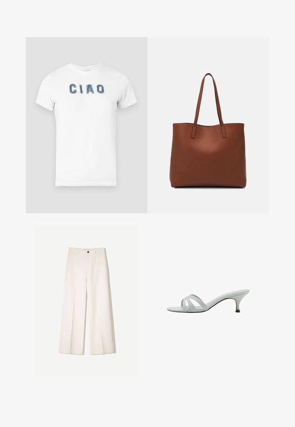 White cotton t-shirt featuring a blue distressed "CIAO" text across the chest. Short sleeves and a crew neckline.; Cream wide-leg trousers with a tailored design, featuring two front pockets and a single front button closure, made from smooth fabric.; Light gray heeled sandals with three crisscross straps, a slim profile, and a tapered heel. Smooth texture with a slightly shiny finish.; Brown leather tote bag with a smooth texture, open top design, and two shoulder straps. Features minimal stitching and no visible hardware.