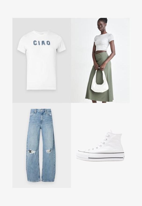 Witte katoenen t-shirt met een blauwe verouderde "CIAO" tekst op de borst. Korte mouwen en een ronde hals.; Lichtblauwe, hooggeritste jeans van denim. Beschikken over wijde pijpen, twee gescheurde knievalken en klassieke vijfzakken styling.; Witte high-top canvas sneakers met een zwarte rubberen zool, een rubberen neuskap aan de voorkant en zes gaatjes voor veters, met een schone, minimalistische uitstraling.; Grijs geribbelde crop top en olijfgroene hoge taille rok. Model houdt een witte schoudertas met uitsparingen vast. Eenvoudig ontwerp, aansluitende silhouet.