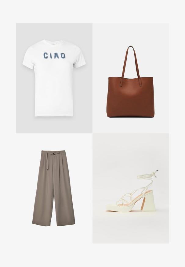 Biała bawełniana koszulka z niebieskim, postarzałym napisem "CIAO" na klatce piersiowej. Krótkie rękawy i okrągły dekolt.; Spodnie o szerokich nogawkach w miękkim, stonowanym szarym materiale, z paskiem w talii i plisami dla dodania detali projektowych. Gładka tekstura, bez wzorów.; Biała sandał na wysokim obcasie z masywnym słupkiem, z paskowym wzorem i wiązaniem przy kostce. Gładka faktura z platformą z przodu dla dodatkowej wysokości.; Brązowa skórzana torba tote o gładkiej fakturze, z otwartym wierzchem i dwoma ramiączkami. Charakteryzuje się minimalnym przeszyciem i brakiem widocznych elementów metalowych.