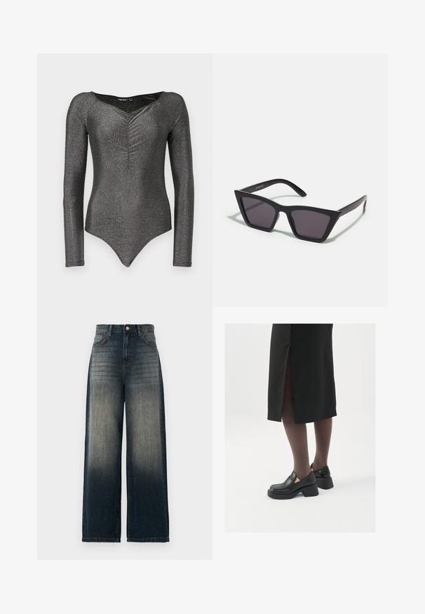 Long-sleeve bodysuit in shimmering black fabric with a deep V-neck and gathered detail at the front, featuring a fitted silhouette and snap closure.; Wide-leg jeans in dark denim, featuring a faded gradient from dark to light, with five pockets and contrasting stitching detail.; Black leather shoes with a rounded toe, thick block heel, and elastic side accents, paired with dark tights and a black skirt with a slit.; Black, angular sunglasses with gray lenses; made of plastic, featuring thick arms with a smooth surface and no visible hardware.