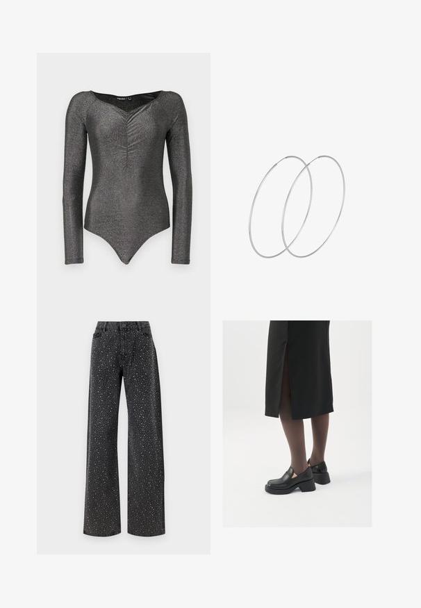 Pitkähiha bodysuit kiiltävästä mustasta kankaasta syvällä V-päänteellä ja ryppy-tyyppisellä yksityiskohdalla edessä, jossa on tiukka siluetti ja neppari suljenta.; Noisy May NMJANNEL LOOSE - Relaxed fit -farkut - black denim; Mustat nahkakengät pyöreällä kärjellä, paksulla lohkopohjalla ja joustavilla sivuakkesseilla, yhdistettynä tummiin sukkahousuihin ja mustaan hameeseen, jossa on halkio.; Hopehope hopeilla, joissa on minimalistinen muotoilu. Pyöreä muoto, sileä pinta ja ohut profiili. Kevyet ja kiillotetut.
