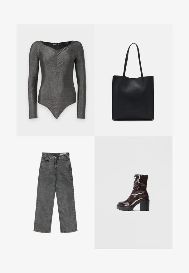 Long-sleeve bodysuit in shimmering black fabric with a deep V-neck and gathered detail at the front, featuring a fitted silhouette and snap closure.; High-waisted black washed straight-leg jeans with front pockets, belt loops, button closure, and a branded inner waistband label.; Glossy burgundy ankle boot with a chunky black heel, featuring a smooth texture and simple design. No visible fastenings or patterns.; Black leather tote bag with smooth texture, rectangular shape, and two long handles. No visible hardware or embellishments.