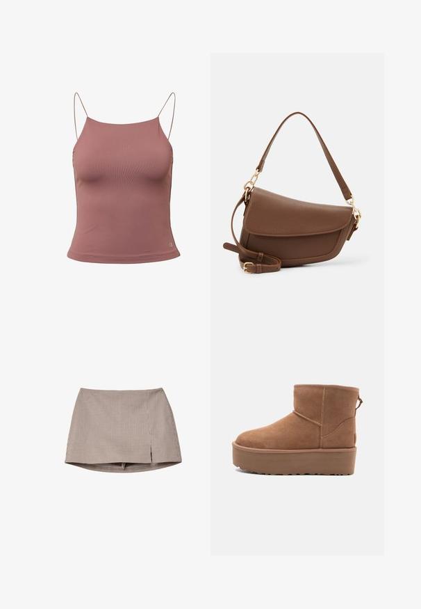 Camisole mit dünnen Trägern in sanftem Mauve, mit figurbetontem Design und glatter Textur. Logo-Akzent in der unteren rechten Ecke.; Braun-weißer, kariert Minirock mit einem vorderen Schlitz, flach auf einem weißen Hintergrund ausgebreitet.; Beige Wildleder-Ankle-Boot mit Plateausohle, abgerundetem Zehenbereich und abgesteppten Akzenten; verfügt über eine Zuglasche hinten für einfaches An- und Ausziehen.; Braune Lederschultertasche mit strukturiertem Finish, geschwungener Form, goldfarbenen Beschlägen, verstellbarem Schulterriemen und Klappenverschluss.