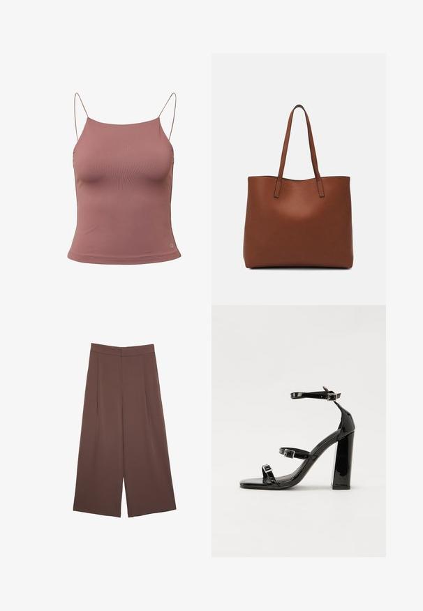 Top canotta con spalline sottili, di un morbido colore mauve, caratterizzato da un design aderente e una texture liscia. Accento con logo in basso a destra.; Pantaloni ampi marroni con una texture liscia, caratterizzati da una vita alta e pieghe frontali. Il tessuto è leggero e scorre liberamente.; Sandali con tacco in vernice nera, con punta squadrata, cinturini alla caviglia e fibbie in argento. Presentano un tacco a blocco spesso per maggiore stabilità.; Borsa tote in pelle marrone con texture liscia, design con apertura superiore e due spallacci. Presenta cuciture minime e nessun hardware visibile.