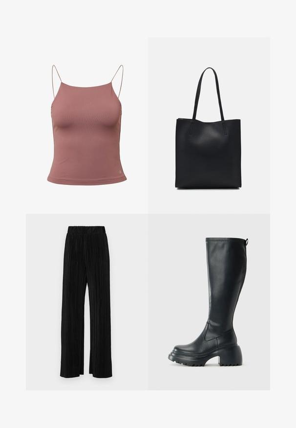 Koszulka na ramiączkach z cienkimi paskami, w delikatnym kolorze mauve, o dopasowanym kroju i gładkiej teksturze. Logo na dolnym prawym rogu.; Czarne spodnie plisowane z elastycznym paskiem w talii. Posiadają szerokie nogawki oraz gładki, teksturowany materiał z pionowymi paskami.; Wysokie czarne skórzane botki z masywną platformą i słupkowym obcasem, z uchwytem i teksturowanym bieżnikiem na podeszwie.; Czarna skórzana torba tote o gładkiej fakturze, prostokątnym kształcie i dwóch długich uchwytach. Brak widocznych elementów metalowych i ozdób.