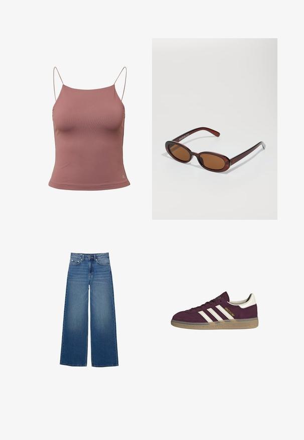 Camisole top met dunne bandjes, in een zachte mauve kleur, met een aansluitend ontwerp en een gladde textuur. Logo accent aan de onderzijde rechts.; Wijde blauwe denim jeans met een hoge taille, gestikte accenten en een eenvoudig ontwerp met een lichte vervagingseffect.; Bordeauxsuède sneaker met witte drie strepen en beige accenten. Voorzien van een gestructureerde rubberen zool en gouden branding aan de zijkant.; Ronde, bruin getinte zonnebril met een glanzend bordeauxrood frame. Slanke pootjes met subtiele merkdetails. Vlakke lensontwerp.; Bruine geweven leren handtas met een slonzig, driehoekig model. Voorzien van een gevlochten handvat en een ritssluiting aan de bovenkant.