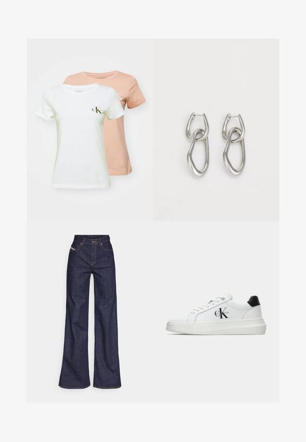 Két pamut póló: az egyik fehér, fekete és arany logóval, a másik barack színű. Mindkettő kerek nyakú és rövid ujjú.; Sötétkék, bő szárú farmernadrág, magas derékkal, narancssárga varrással, öt zsebes kialakítással és gombos zárással.; Fehér alacsony szárú edzőcipő fekete saroktabbal, platform talppal, fűzőkkel és Calvin Klein "CK" logóval az oldalán.; Calvin Klein STATEMENT LINKS - Fülbevalók - silver-coloured