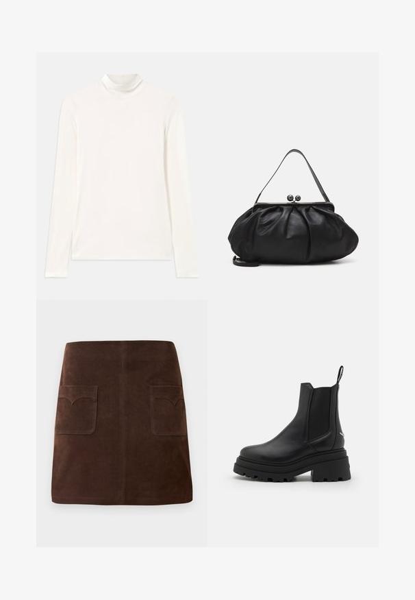 Haut à col roulé blanc à manches longues fabriqué dans un tissu lisse et extensible. Présente un col haut et un design ajusté sans motifs ni accents.; Jupe en suède marron présentant une silhouette A-line classique, deux poches avant avec des rabats arrondis et des détails de couture discrets.; Bottines Chelsea noires en cuir lisse avec des panneaux latéraux élastiques, une semelle en caoutchouc épaisse et nervurée, et une languette à l'arrière.; Sac à main en cuir noir avec un design arrondi et plissé. Il possède un fermoir métallique avec deux boules décoratives et une bandoulière fine et amovible.