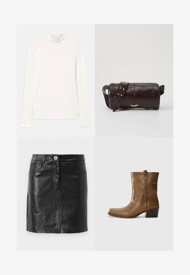 Bijela mašna dugih rukava napravljena od glatkog, rastezljivog materijala. Ima visoki ovratnik i prilagođeni kroj bez uzoraka ili akcenta.; WEEKEND MaxMara HULL - Uska suknja - nero; Smeđa kožna cipela do gležnja sa četvrtastim vrhom, teksturiranim finišem i niskim složenim potpeticom. Ima stražnju petlju za navlačenje i suptilne detalje šivanja.; Smeđa torba od kože s embosiranim krokodilskim uzorkom, cilindričnog oblika, zlatne hardverske detalje i odvojivu naramenicu sa čavlima.