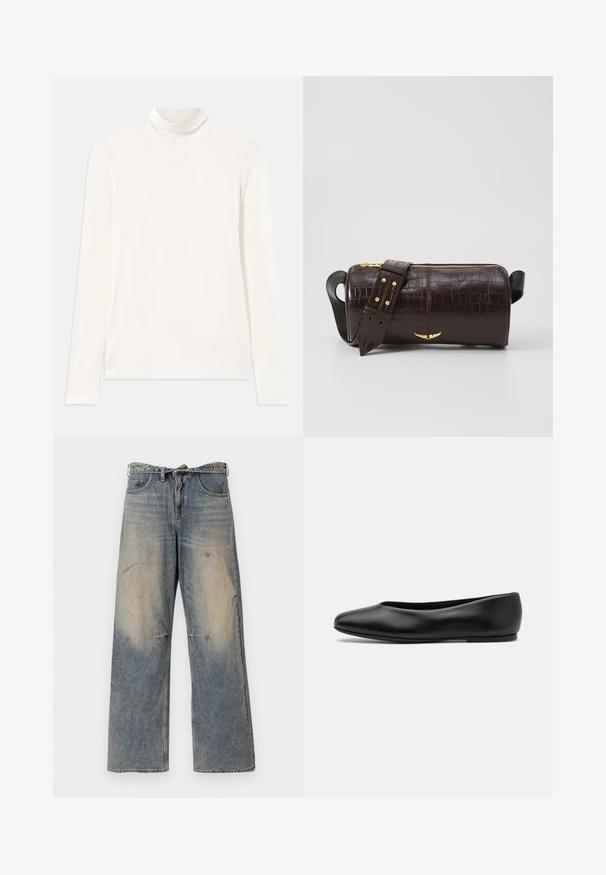 Bílý rolák s dlouhým rukávem vyrobený z hladkého, pružného materiálu. Vyznačuje se vysokým límcem a přiléhavým střihem bez vzorů nebo akcentů.; Světle modré džíny vyrobené z denimu s volným, rovně střiženým designem. Obsahují efekt blednutí, opotřebování a poškozené detaily v oblasti kolen. Klasický pětigrecký styl.; Paul Smith TOPANGA - Klasické baleríny - black; Hnědá kabelka z krokodýlí kůže s embosováním, cylindrického tvaru, se zlacenými kovovými prvky a odnímatelným popruhem se hroty.