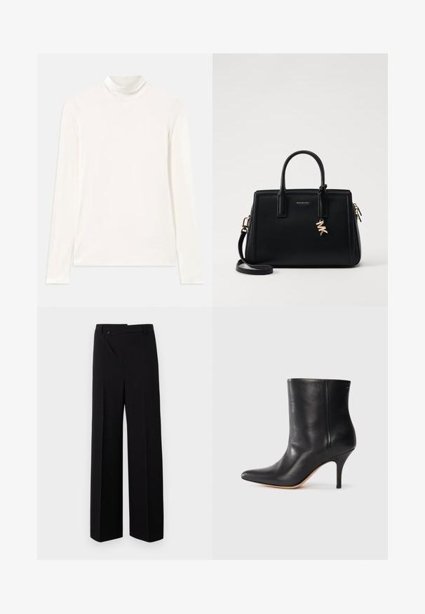 Weißes Langarm-Turtleneck-Oberteil aus glattem, elastischem Stoff. Es hat einen hohen Kragen und eine taillierte Form ohne Muster oder Akzente.; Schwarz weit geschnittene Hose mit flachem Vorderteil, Knopfverschluss und glatter Stofftextur. Besitzt einen geraden Schnitt und klare Linien.; Schwarze Leder-Ankle Boots mit spitzem Zeh, schlankem Stiletto-Absatz und glatter Textur. Minimalistisches Design ohne sichtbare Beschläge oder Akzente.; Schwarze Ledertasche mit strukturiertem Design, doppelten oberen Griffen, abnehmbarem Schulterriemen, goldfarbenen Beschlägen und einem Logo-Anhänger.