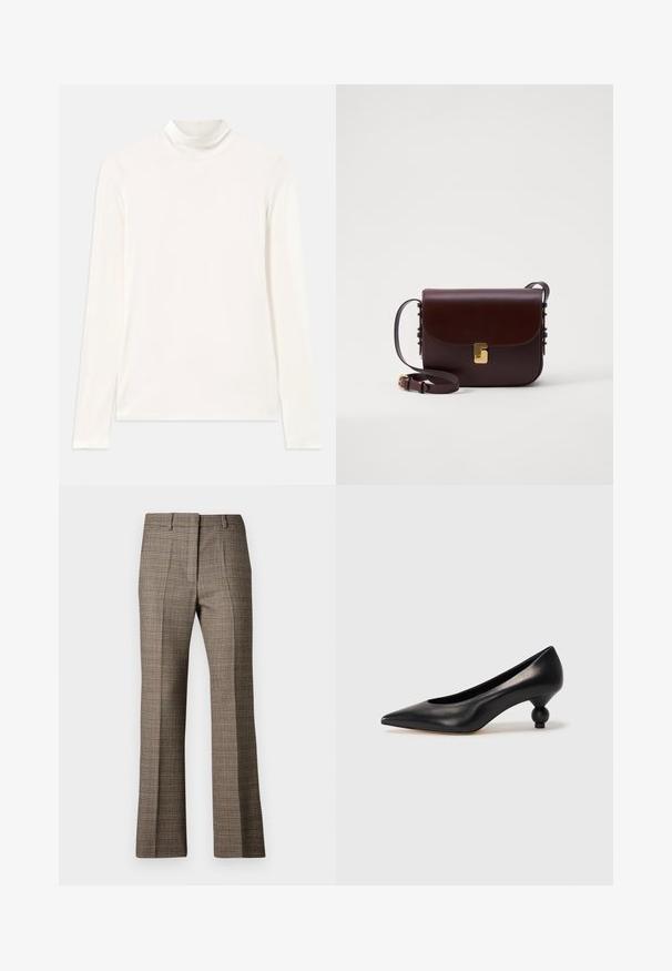 Haut à col roulé blanc à manches longues fabriqué dans un tissu lisse et extensible. Présente un col haut et un design ajusté sans motifs ni accents.; Pantalons à carreaux marron avec une coupe droite, présentant un tissu texturé et des couleurs subtiles de beige et de bruns plus foncés dans tout le motif.; Chaussure à talon haut en cuir noir avec un bout pointu et un talon arrondi. Texture lisse avec un design épuré et minimal.; Sac en cuir marron avec une fermeture à rabat, quincaillerie dorée, et une sangle réglable. Présente une texture lisse et une forme rectangulaire élégante.