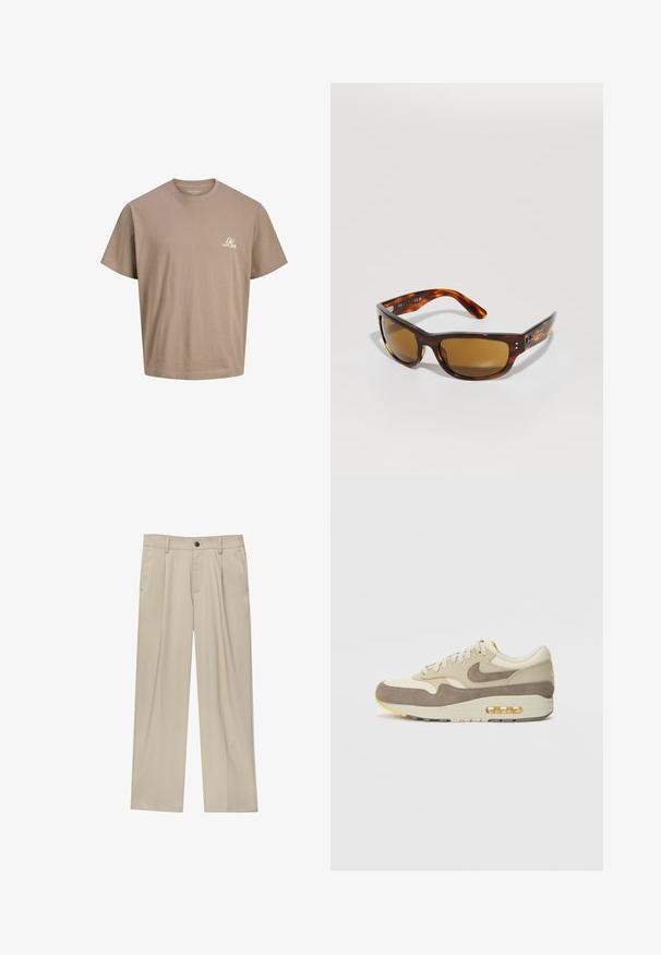 Tricou din bumbac maro, cu mâneci scurte, guler rotund și un mic logo alb pe piept. Textură netedă și croială lejeră.; Pantaloni bej cu croi drept, dotati cu un singur nasture negru, bucle pentru centură și buzunare laterale. Textură de țesătură netedă și design minimal.; Adidași din suede și material textil bej, cu un swoosh maro, accente galbene și pernuță de aer transparentă. Proiectați cu un vârf rotund și o talpă texturată.; Ochelari de soare cu lentile maro, din material tartan. Cadru dreptunghiular elegant, textură netedă, branding subtil pe lateral și brațe curbate pentru confort.