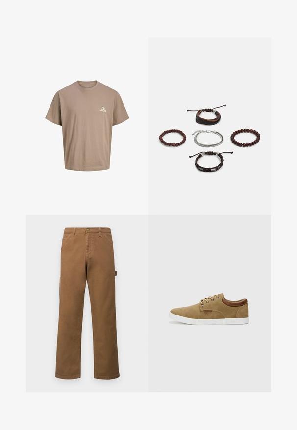 Brown cotton t-shirt with short sleeves, a crew neckline, and a small white logo on the chest. Smooth texture and relaxed fit.; Brown cotton cargo pants with straight legs, featuring side pockets and a metal button closure at the waist. Smooth texture and casual design.; Tan suede sneaker with white rubber sole, brown leather accents on the heel, and silver eyelets for laces. Simple, rounded design.; Set of five bracelets featuring brown leather, wooden beads, and a silver chain; varying textures and shapes, with adjustable closures.