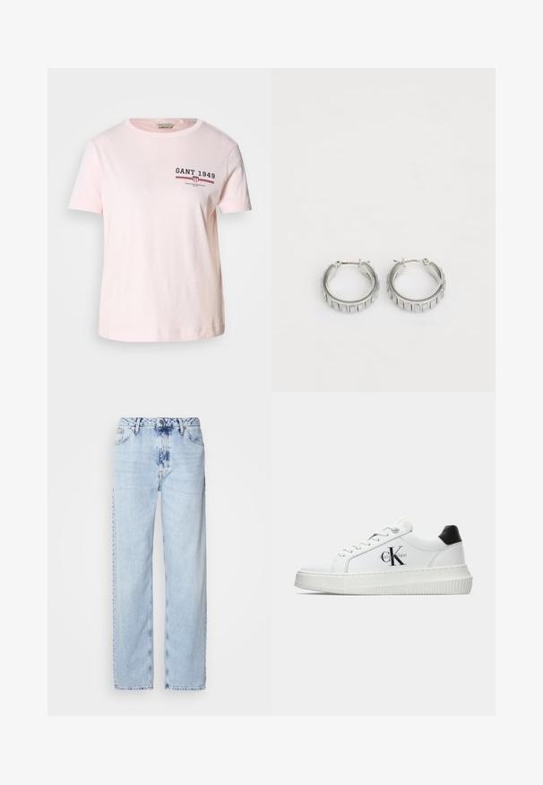 Rozā kokvilnas T-krekls ar apaļu kakla izgriezumu. Uz krūtīm ir "GANT 1949" logo tumši zilā un sarkanā krāsā, īsas piedurknes un taisna apakšmalā.; Gaiši zilas platās kājas džinsi, izgatavoti no denima, ar augstu jostas vietu, izbalinātu krāsu un smalku krāsošanas rakstu priekšpusē.; Baltā zema topa sporta apavas ar melnu papēža cilni, platformas zoli, auklēm un Calvin Klein "CK" logo sānos.; Sudraba gredzena auskari ar faktūras dizainu, kas ietver vertikālas rievas. Apaļa forma ar drošu aizdari. Gluda apdare.