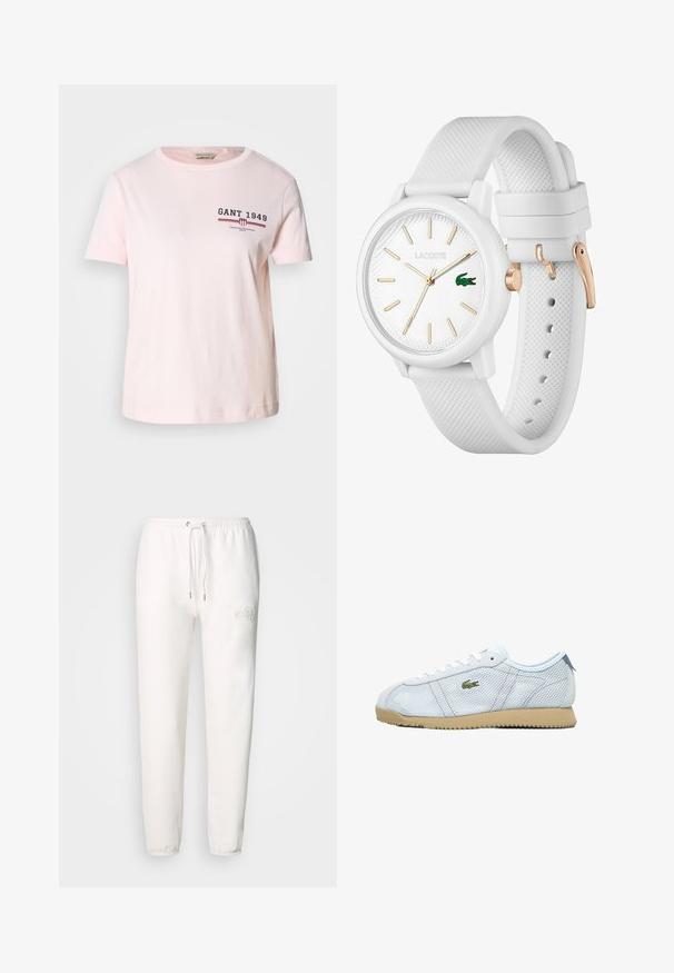 Camiseta de algodón rosa con escote redondo. Presenta el logo "GANT 1949" en azul marino y rojo en el pecho, mangas cortas y dobladillo recto.; Pantalones de chándal blancos hechos de tejido suave, con cintura ajustable mediante cordón y logo bordado en el muslo izquierdo. Diseño de pierna ajustada.; Zapatillas de malla azul claro con suela de goma beige, cordones blancos y detalle del logo en verde. Presentan una puntera redonda y paneles laterales texturizados.; Reloj de silicona blanco con una correa texturizada, que presenta una esfera redonda, marcadores dorados y un logo de Lacoste en verde.