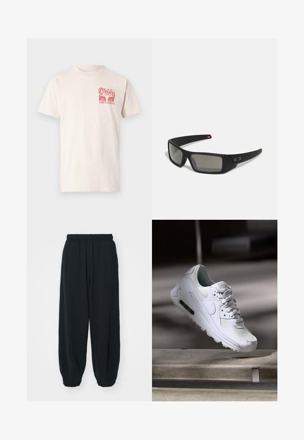 Šviesiai smėlinė, trumpomis rankovėmis medvilninė marškinėlių su raudonu grafiniu piešiniu, kuriame užrašyta "Obey" ir "Submit to the rhythm" priekyje.; Juodi, su elastiniu juosmeniu sportiniai kelnės su laisvu siluetu, suapvalintais kulkšnimis, lygia tekstūra ir be matomų raštų ar metalinių akcentų.; Baltos Nike Air Max 90 sportbačiai su.comi ir odos viršumi, perforuota pirštų dėžute ir matomu oro pagalvėle kulne.; Juodi akiniai saulės su matinio paviršiaus užbaigimu, stačiakampiai lęšiai, švelnus lenkimas ant šventyklų, subtilus logotipo detalizavimas ir dūminiai lęšiai.