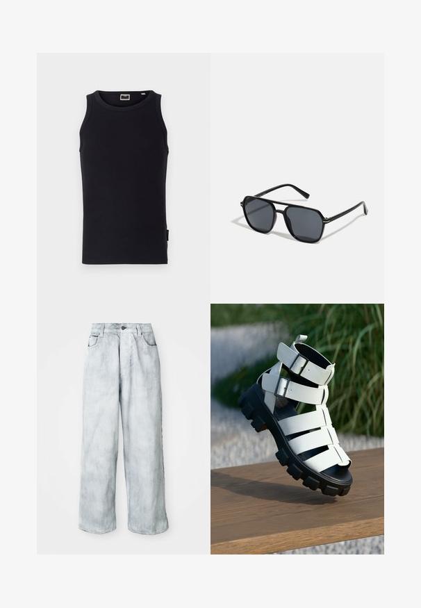 Schwarzes ärmelloses Tanktop aus Baumwolle mit gerippter Textur, rundem Ausschnitt und einem kleinen Seitenlabel. Einfaches, tailliertes Design.; Helle Weitbeine Jeans mit hoher Taille, vorderem Knopf- und Reißverschluss, Gürtelschlaufen sowie Vorder- und Gesäßtaschen.; Weiße, Riemchen-Sandalen mit doppelten Schnallenakzenten, einer dicken schwarzen Sohle und offenem Zehendesign. Die Oberflächenstruktur ist glatt mit mattem Finish.; Schwarze Sonnenbrille mit achteckigem Rahmen, dunklen Gläsern, glänzender Oberfläche, dünnen Bügeln und goldenen Akzenten auf der Vorderseite.