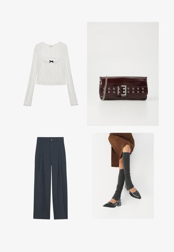 Valkoinen pitkähihainen pitsipaita, jossa on neliskulmainen kaula-aukko, röyhelökoristeet ja pieni musta nauha edessä.; Housut leveällä lahkeella, valmistettu teksturoidusta tummanharmaasta kankaasta, jossa on eturoidat, nappisulkeminen ja sivutaskut lisätoiminnallisuutta varten.; Musta lakattu nahkakengät teräväkärkisillä, leveällä kantapäällä ja nilkkahihnalla, yhdistettynä harmaisiin ribattuihin säärystimiin ja ruskeaan mokkasiinimekkoon.; Burgundin värinen tekonahkainen clutch-laukku, jossa on hopeinen ketjuolkaimeen, ja etupuolella solkikomponentti sekä metalliset reiät lisäyksinä.