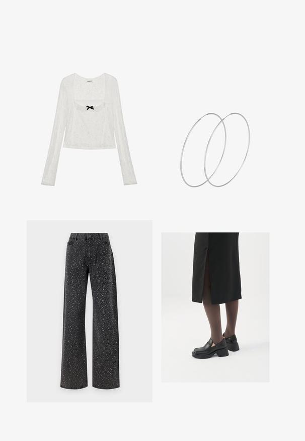 Biela dlhá čipkovaná blúzka s štvorcovým výstrihom, volánikovými detailami a malou čiernou mašličkou v prednej časti.; Noisy May NMJANNEL LOOSE - Džínsy voľného strihu - black denim; Čierne kožené topánky s okrúhlou špičkou, silným blokovým opätkom a elastickými bočnými akcentmi, skombinované s tmavými pančuchami a čiernou sukňou so štiepením.; Strieborné kruhové náušnice s minimalistickým dizajnom. Cirkulárny tvar, hladký povrch a tenký profil. Ľahké s lesklým povrchom.