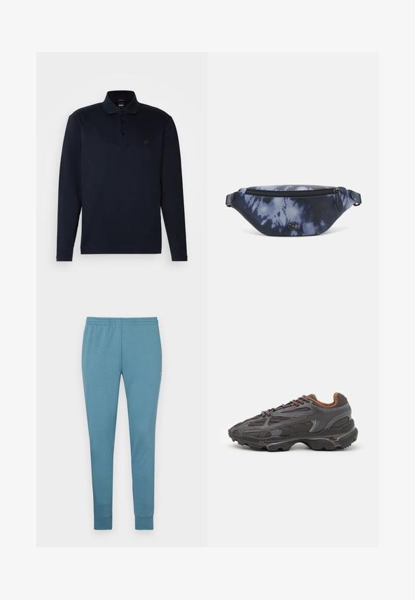BOSS PALEY - Polo - dark blue; Pantalones de chándal azul claro fabricados en un tejido suave, con un diseño ajustado, cinturilla elástica y dobladillos con puños. Logo pequeño en un lado.; Zapatillas Lacoste en gris oscuro con material de malla y sintético, que cuentan con una suela texturizada y detalles en marrón en el cuello y la marca.; Riñonera en estampado de tie-dye azul oscuro con cremallera en la parte superior, material texturizado y un detalle de logotipo prominente en la parte frontal.; Calvin Klein ELECTRIC - Pulsera - silver-coloured