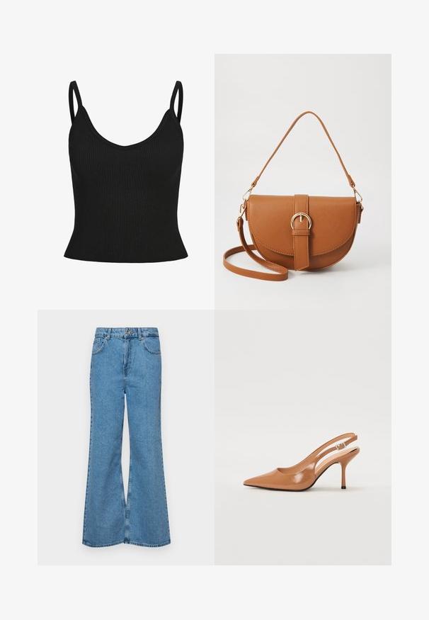 Melna ribota tvertne ar plānām siksnām, V-veida kakla izgriezumu, pieguļošu formu un teksturētu audumu. Nav redzami papildu raksti vai akcenti.; Gaiši zili, platā piegriezuma džinsi, kas izgatavoti no denima, ar augstu jostasvietu, piecām kabatām un vienu pogu. Mīksta tekstūra ar nolietotu apdari.; Izteikts pirksta siksnas zābaks, izgatavots no gludas, spīdīgas brūnas materiāla. Piedāvā izliekta izgriezuma dizainu un smalku stiletto papēdi. Sudraba sprādze.; Brūns ādas plecu soma ar izliekta formu, zelta piederumiem un sprādzes akcentu. Iesaiņota ar noņemamu plecu siksnu.